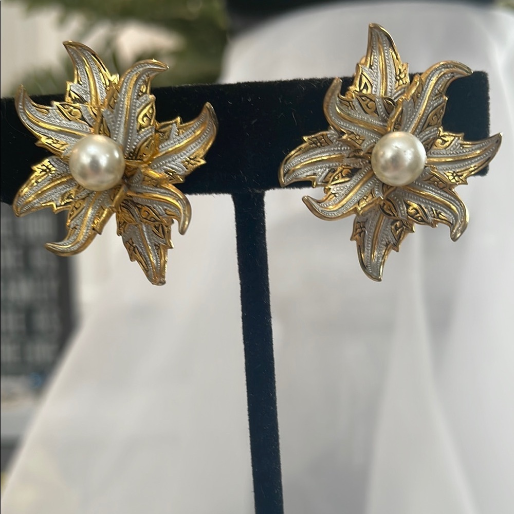 Vintage Damascene Gold and Silver Starburst Earrings with faux Pearl Center